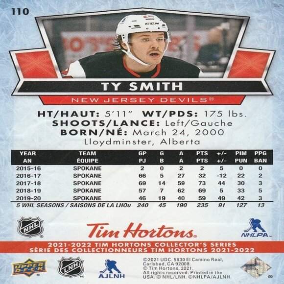 Ty Smith - 2021/2022 Tim Hortons Collector's Series Card - Picture 2 of 2